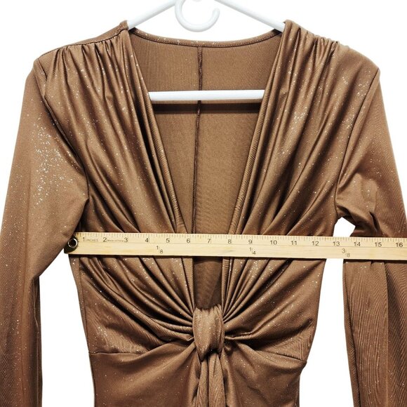 Brown Long-Sleeve Ruched Knot Front Maxi Dress Glitter Accents Deep V Neck SZ M - Picture 7 of 10